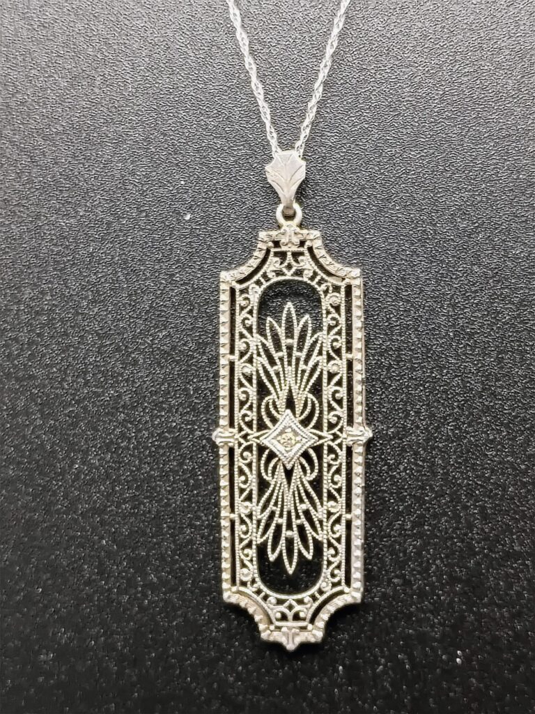 10Kt Filigree Diamond Art Deco Necklace